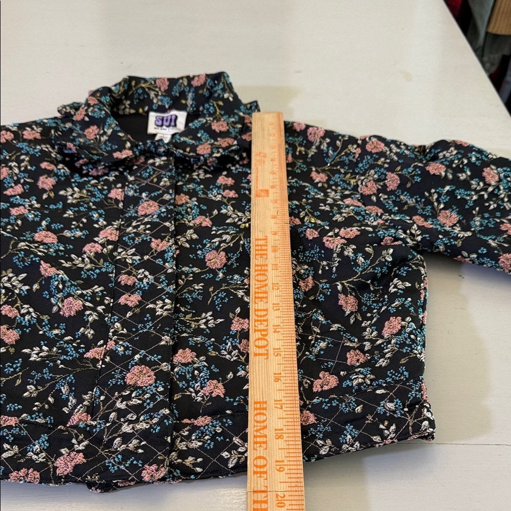 Anna Sui Floral Metallic Cropped Bomber Jacket Small Hooded Puff Sleeve Black - Picture 4 of 12